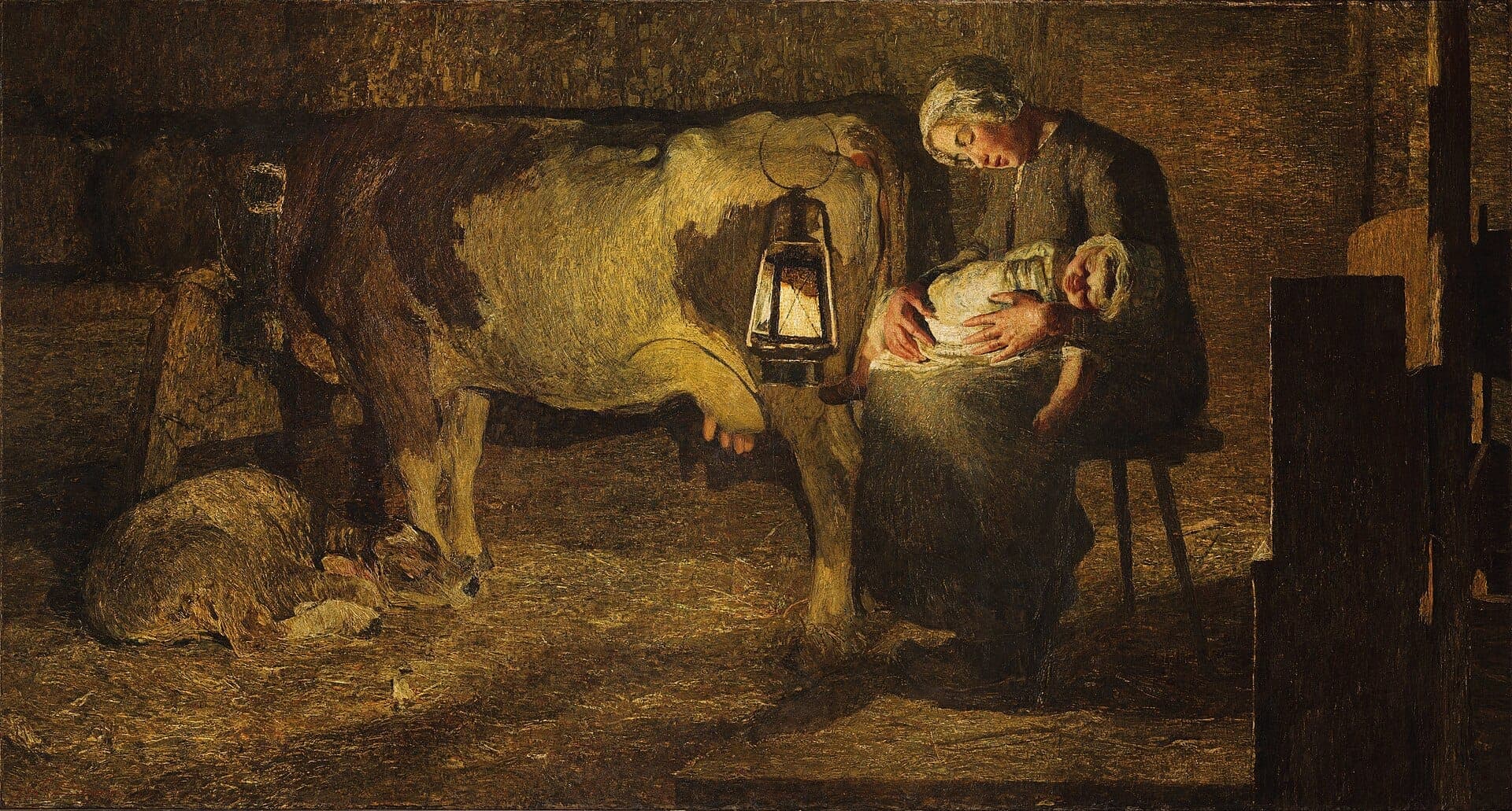 Giovanni Segantini, The Two Mothers (Le due madri): a lantern-lit stable at night with a peasant woman dozing beside her infant and a cow with its sleeping calf